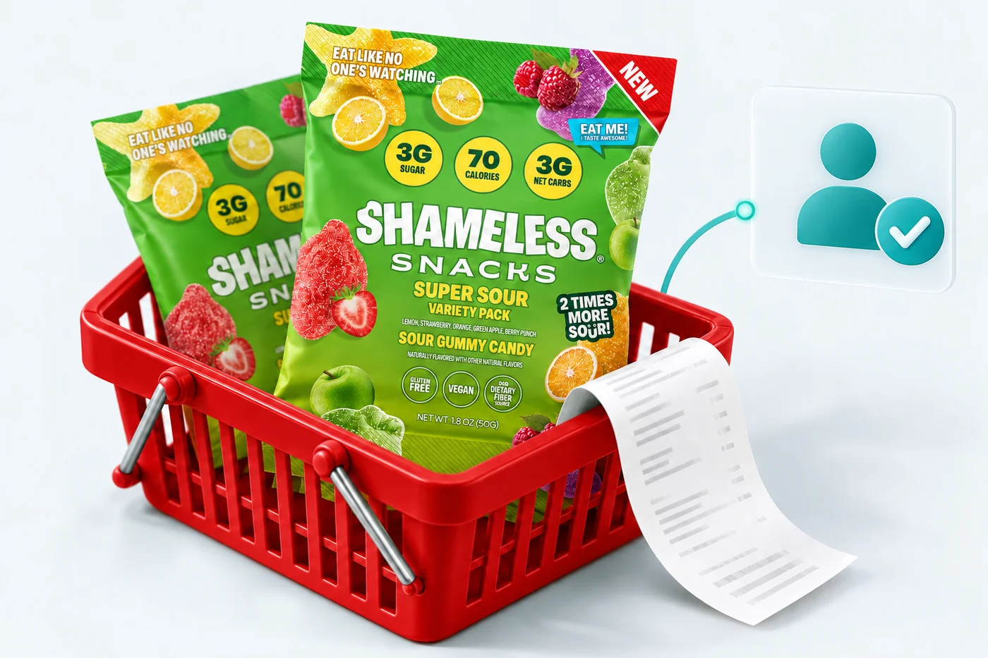 Two Shameless Snacks bags in a red basket with a receipt linked to a customer