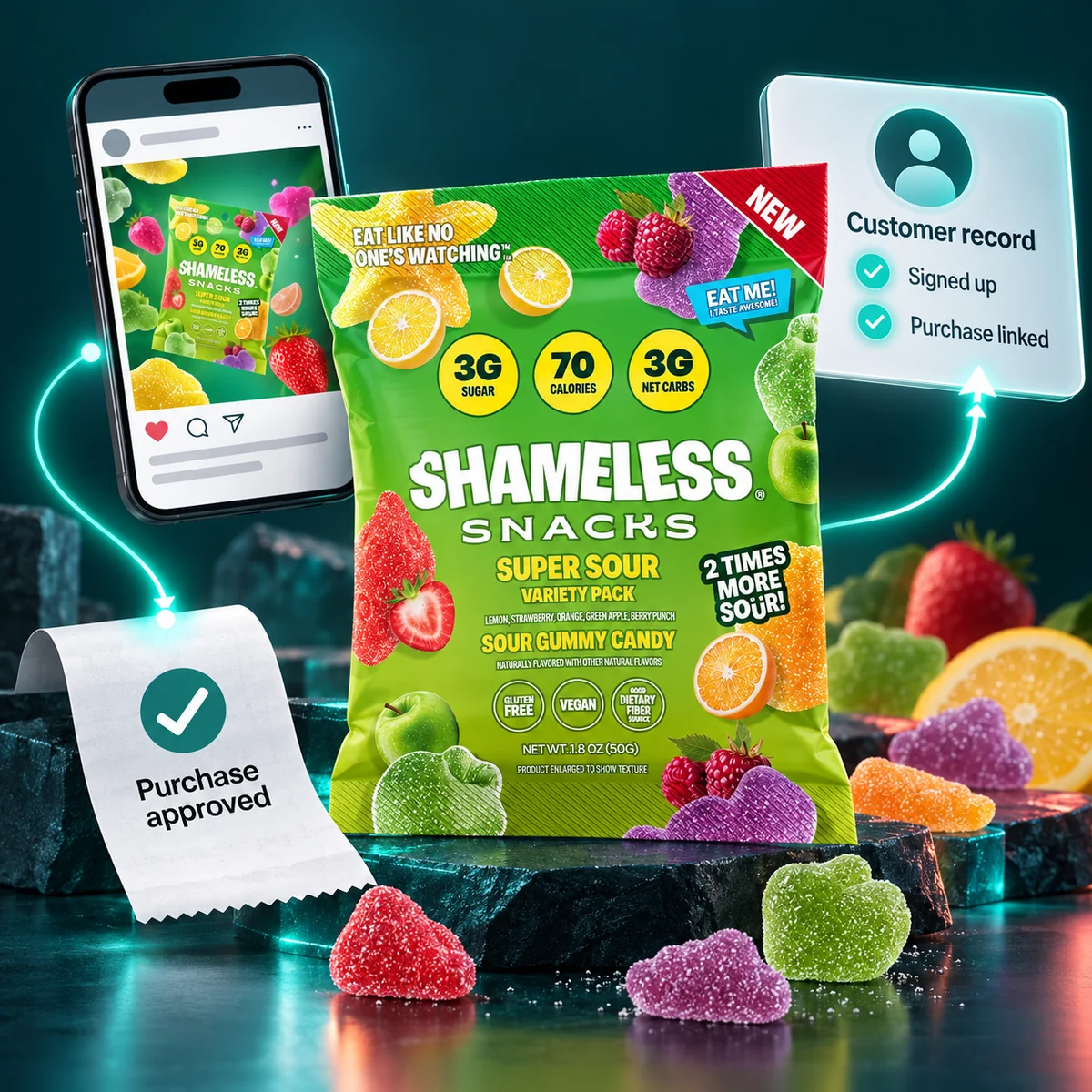 A product pack between a Facebook ad, an approved receipt and a customer record