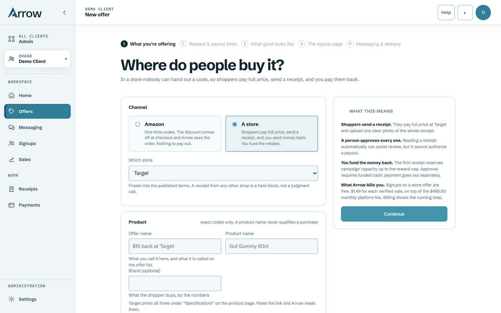 The new-offer wizard asking where people buy the product, with a store channel selected, Target as the retailer, and a panel explaining that shoppers send a receipt and the brand funds the money back.
